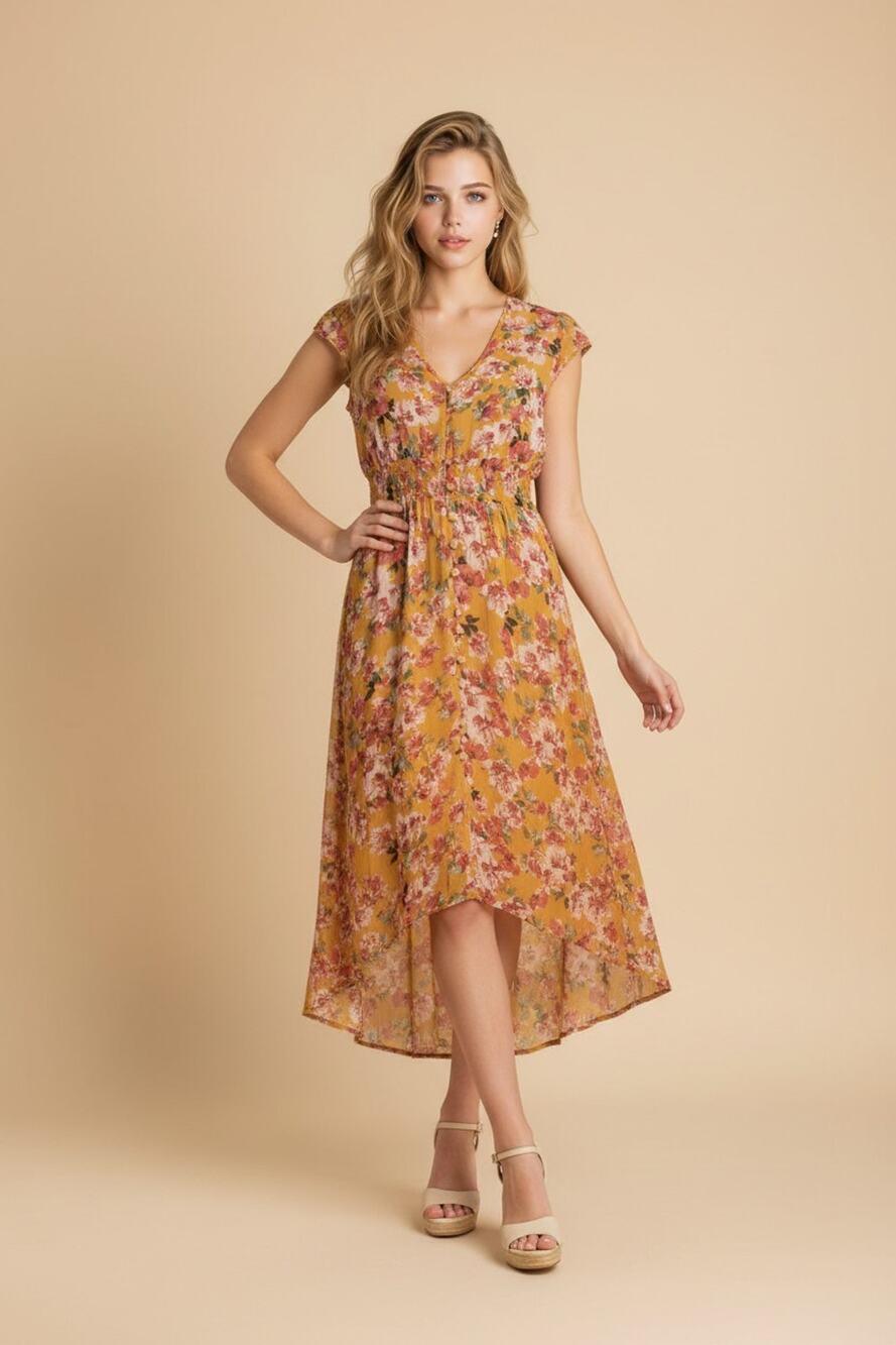 Vintage Gypsies & Moondust Yellow Flutter Sleeve Maxi Layered Dress Size M